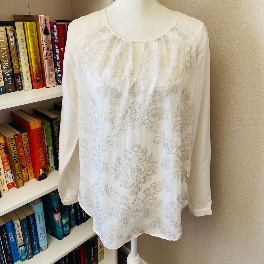SUNDANCE White Silver 100% Silk Embroidered Long Sleeve Top Size Large